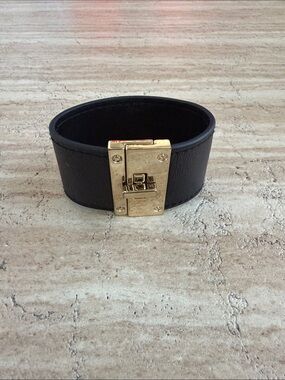 White House Black Market Black Leather Cuff Bracelet with Gold Lock